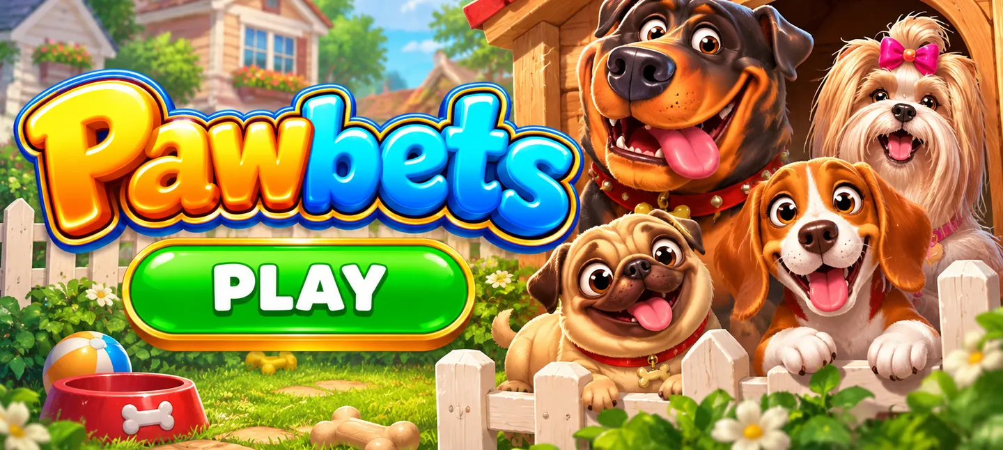 Cartoon dogs in a sunny garden next to a PLAY button